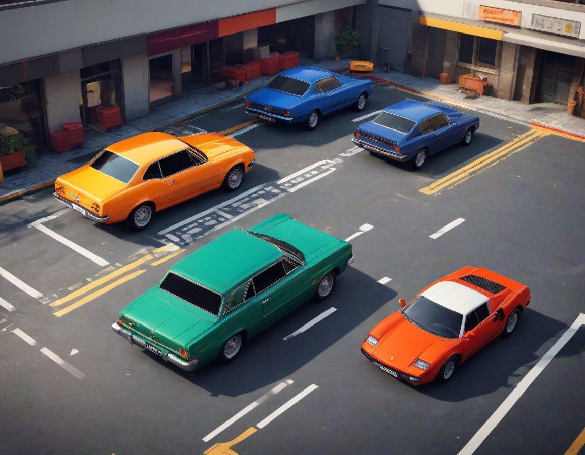 A side-by-side comparison of two gaming devices, one running a classic flash-based car parking simulation game with pixelated graphics and another showcasing a modern, sleek HTML5 car parking game with stunning, realistic visuals. The background should depict a busy digital cityscape that transitions from retro to contemporary. The cars should be in different stages of parking, illustrating improved mechanics. super-realistic. vibrant colors.