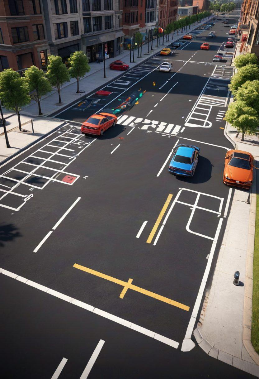 An immersive scene of a virtual parking lot with various cars maneuvering into tight spaces, controlled by players. Include detailed graphics of game interfaces, a joystick, and a leaderboard on the side. Showcase a variety of urban and suburban parking environments. Stylized dashboard with vibrant colors. 3D rendering.