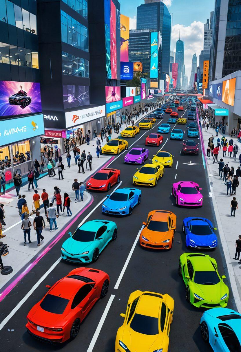 A futuristic cityscape parking lot with various vividly designed cars and virtual reality elements. Teenagers and adults enthusiastically interact with floating game controllers, surrounded by dynamic interfaces, game scores, and AI avatars. Bright, engaging hues with a mix of real and digital worlds merging seamlessly. super-realistic. vibrant colors. white background.